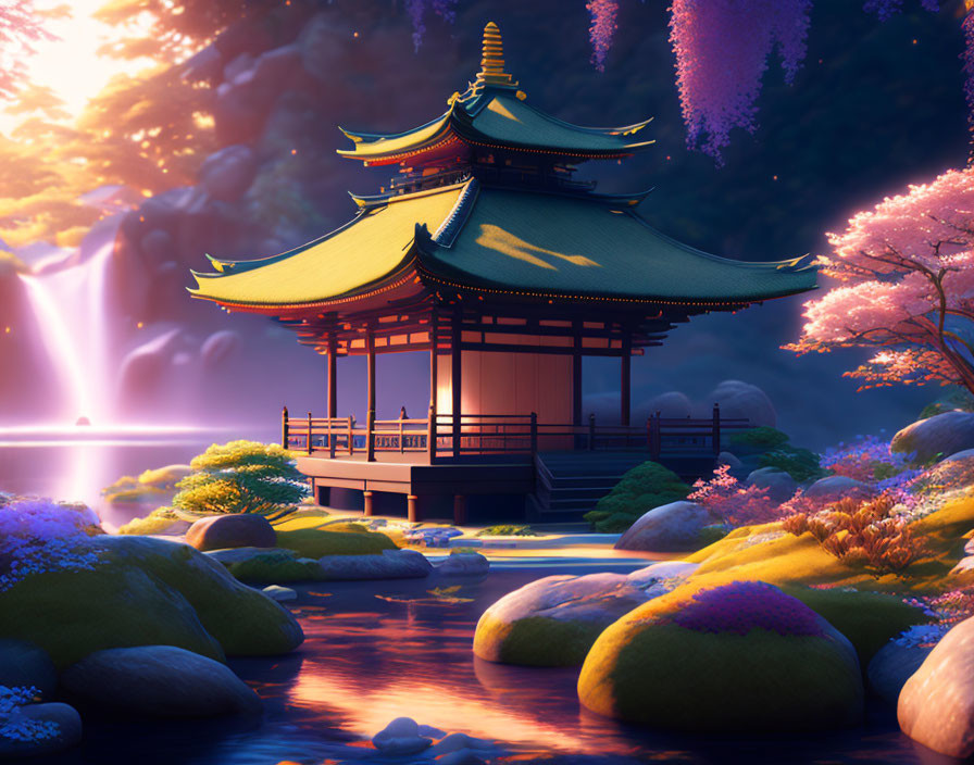 Traditional Japanese pagoda surrounded by cherry blossoms and waterfalls at sunset