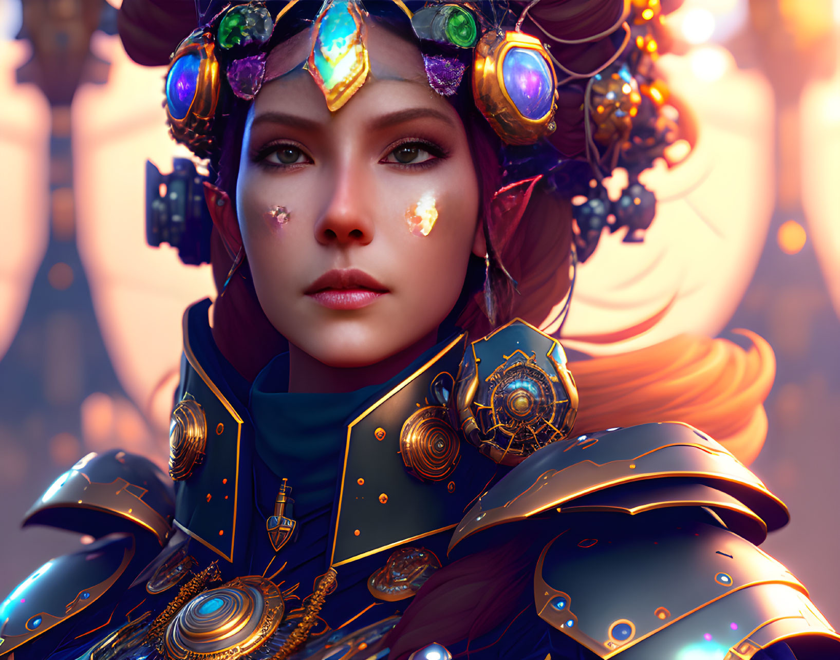 Futuristic digital artwork of a woman in ornate armor