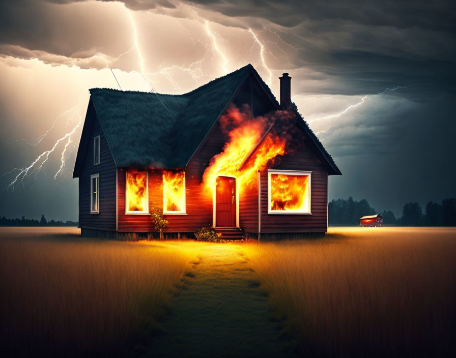 House with Aflame Windows in Stormy Sky with Lightning