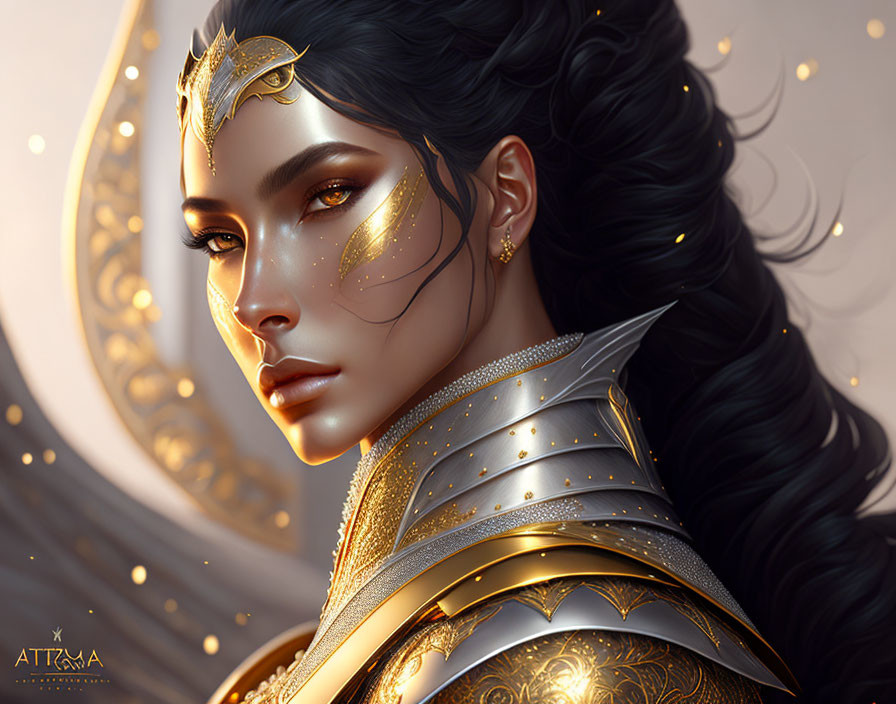 Digital art portrait of woman with golden facial armor & intricate adornments