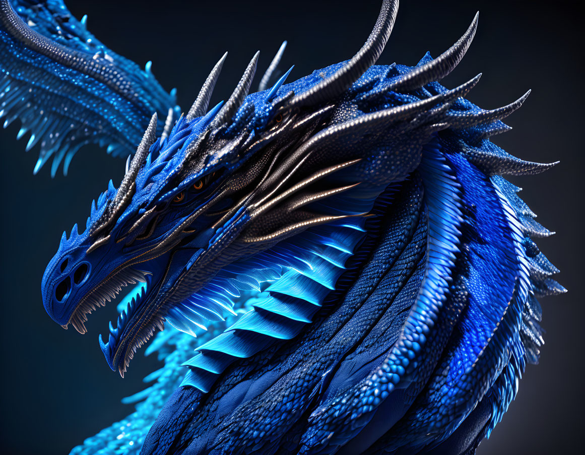 Detailed Blue Dragon with Horns and Spikes on Neck