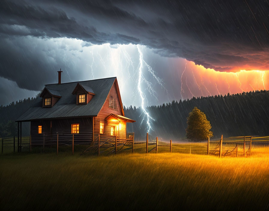 Wooden house at dusk under stormy sky with lightning and rain over illuminated field