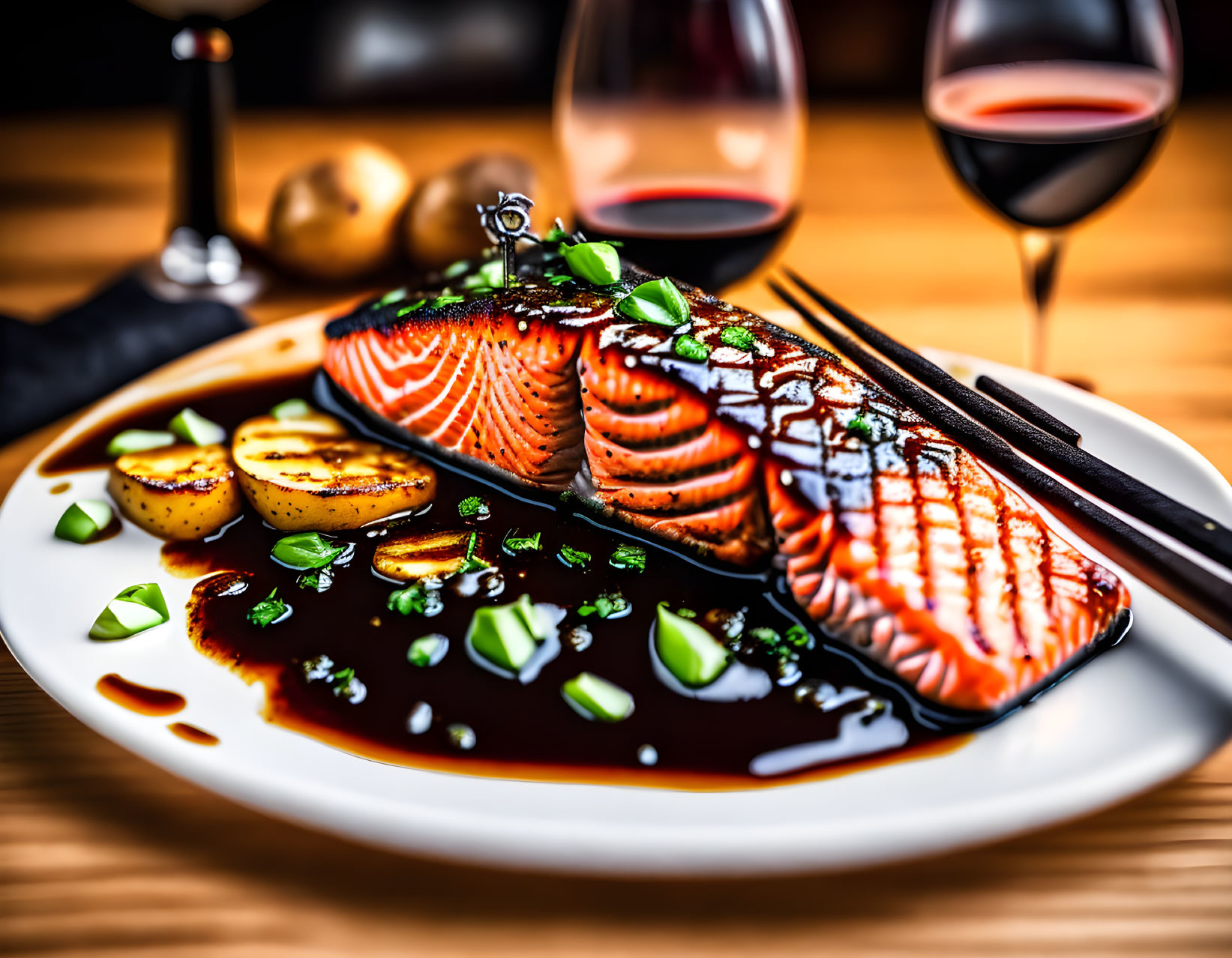 Grilled salmon with green onions, soy sauce, potatoes, and red wine on white plate