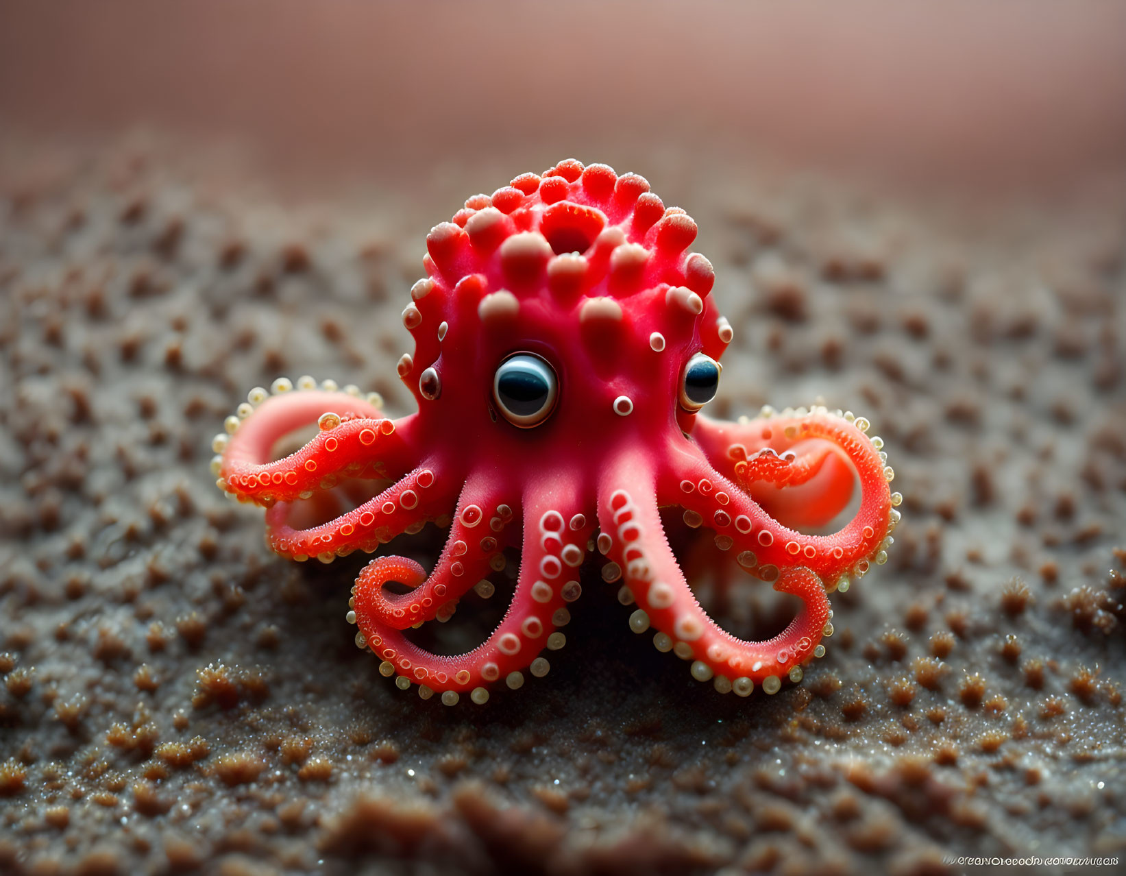 Vibrant red octopus with white suction cups on textured brown surface