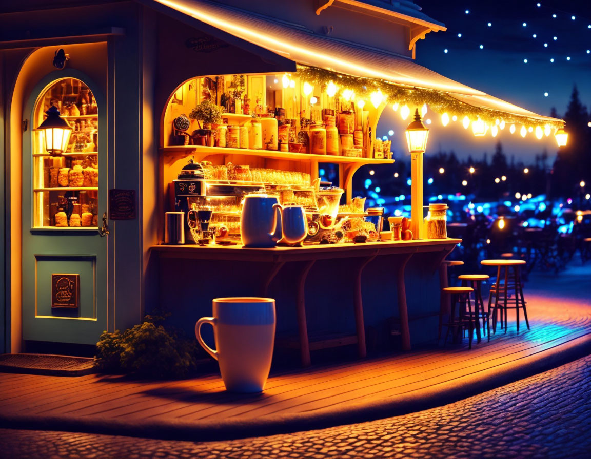 Charming street-side café at dusk with warm lighting, baked goods, teapots, blue door