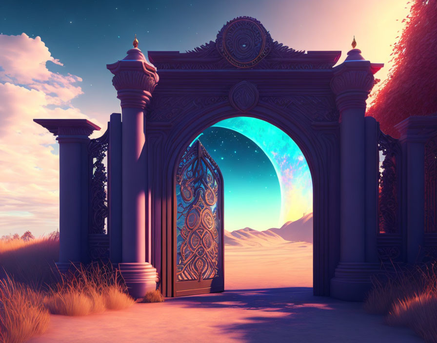 Ornate gateway to mystical landscape under starry sky