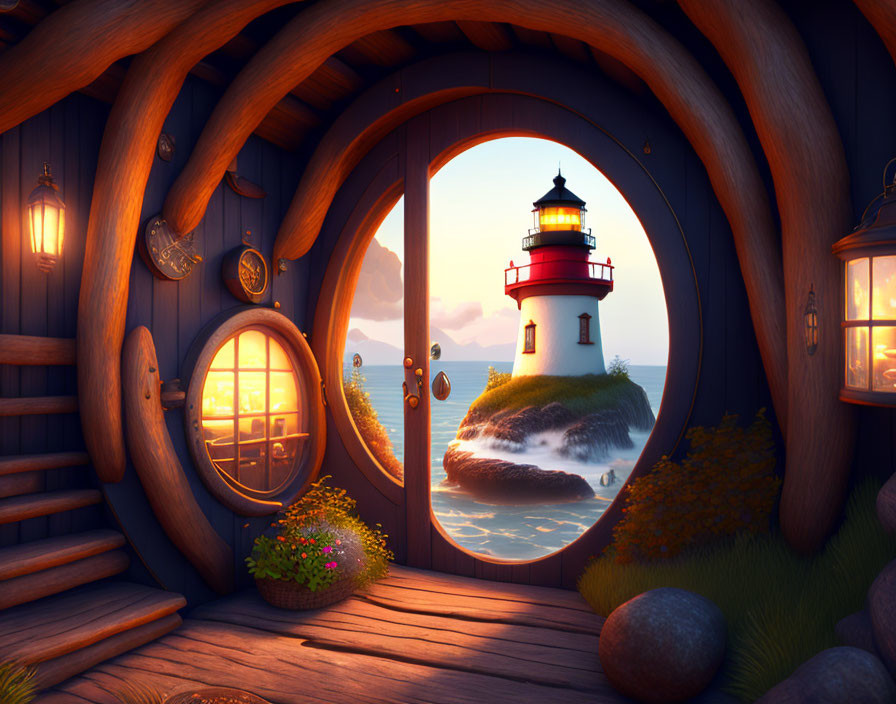 Cozy wooden interior with lighthouse view at dusk