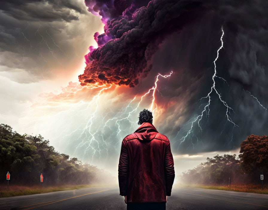 Person in Red Jacket Staring at Dramatic Stormy Sky