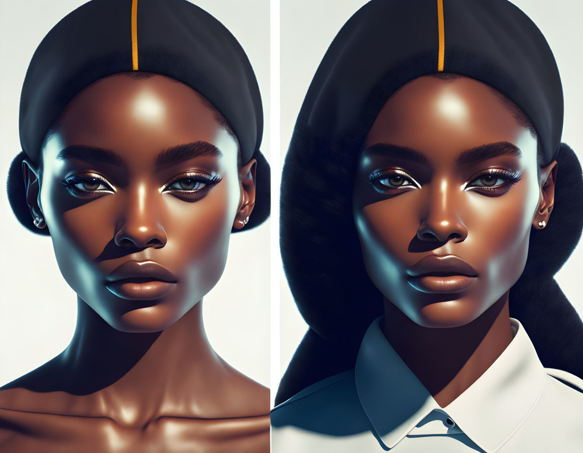 Stylized digital portraits of a woman with dark skin and headscarf