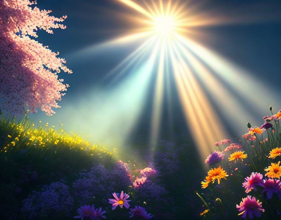 Vibrant floral landscape with sunbeams and colorful wildflowers