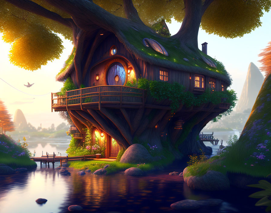 Glowing Treehouse at Dusk Overlooking River