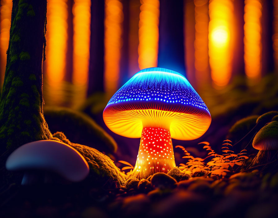 Fantasy-like illuminated mushrooms in mystical forest setting