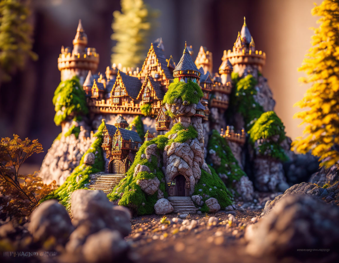 Miniature fairytale castle on rocky terrain in warm sunlight