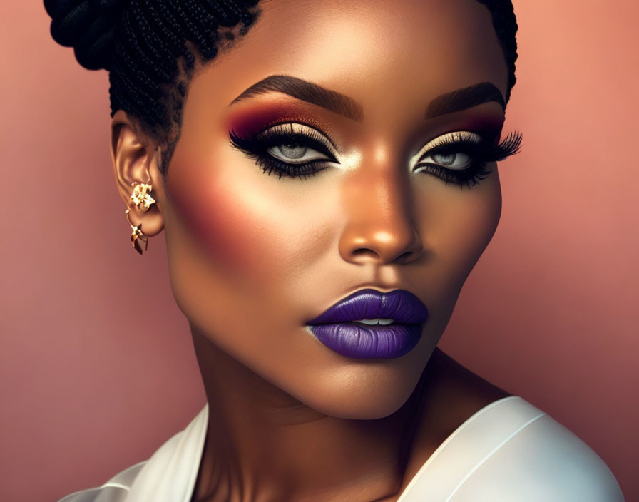 Striking makeup with red eyeshadow and purple lipstick