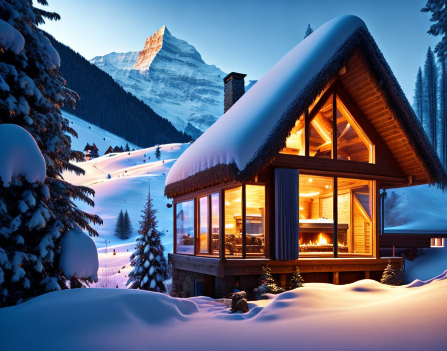 Snowy cabin at dusk with mountain peak in background