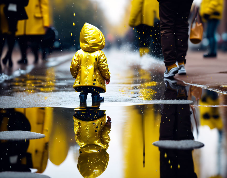 Child in Yellow Raincoat Reflects on Rainy Day with Passing Figures