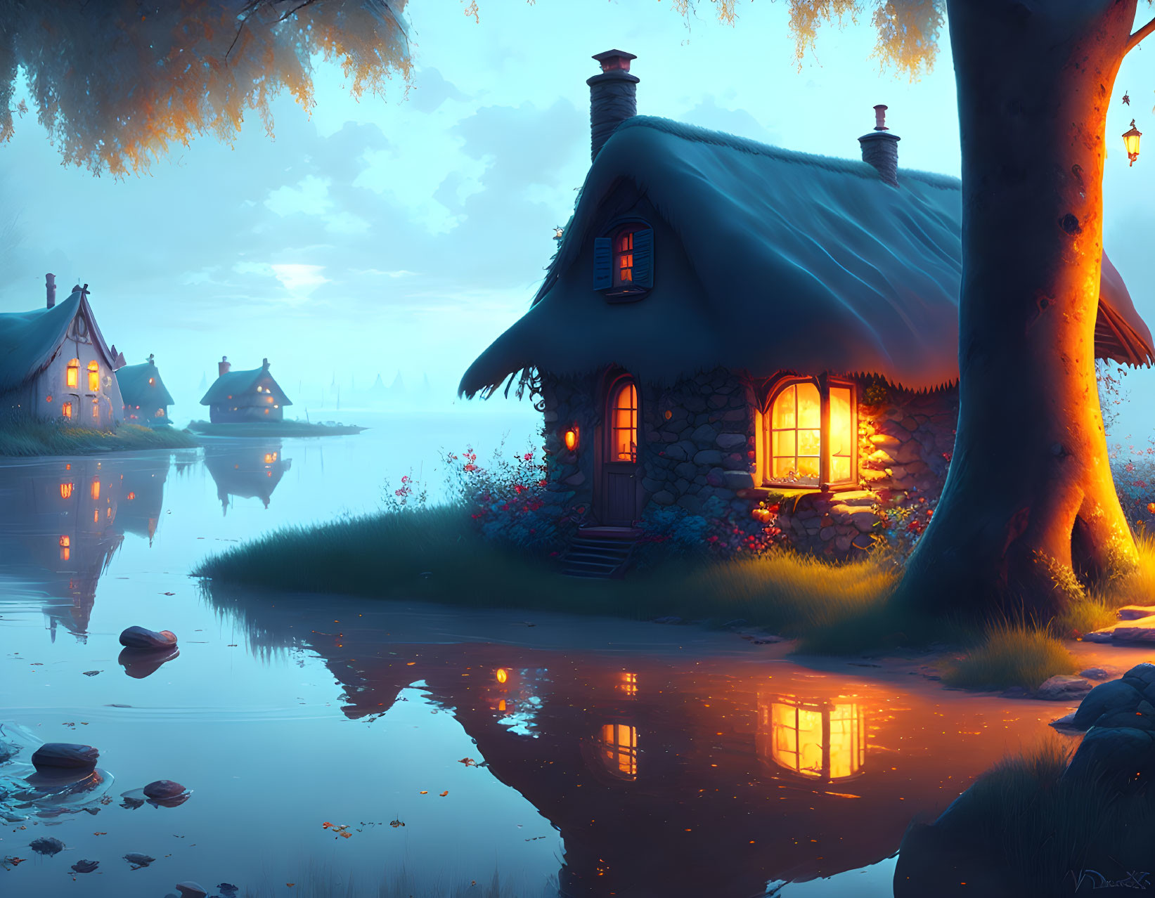 Tranquil evening scene: cozy stone cottage by calm lake, warm light, lush greenery,