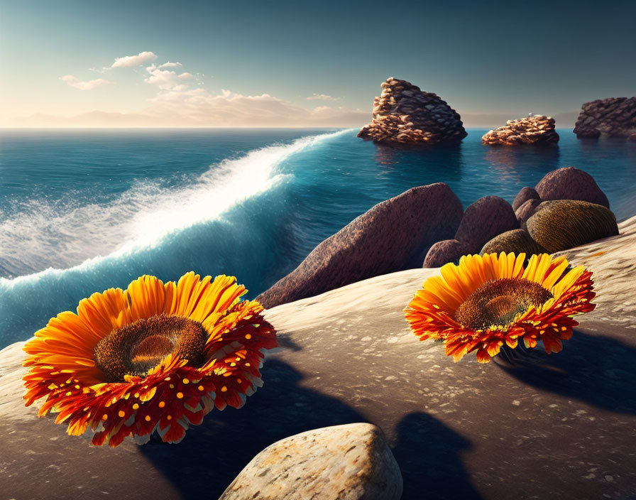 Vibrant sunflowers on rocky shore with ocean wave and sunset sky