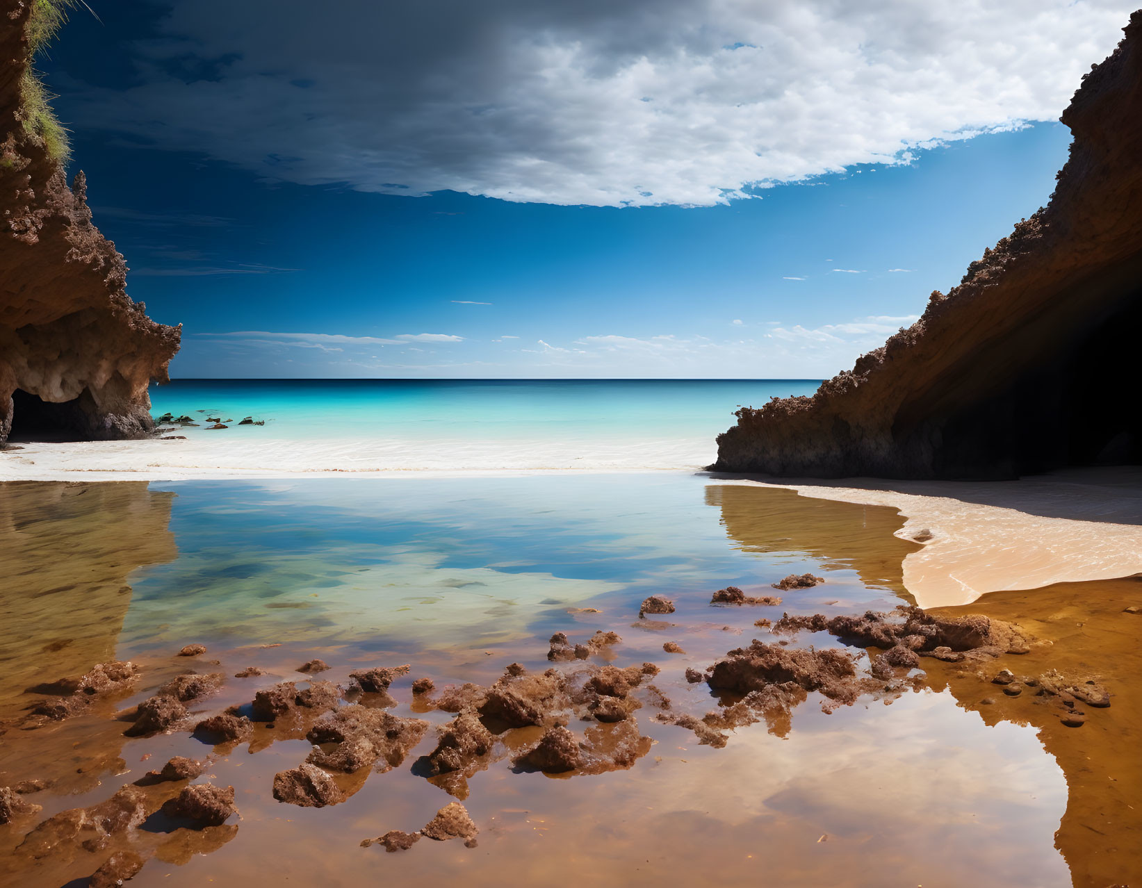 Tranquil beach scene with turquoise waters and rock cave