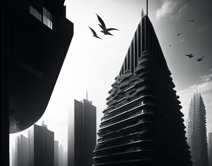 Monochrome futuristic cityscape with skyscrapers and foliage under hazy sky