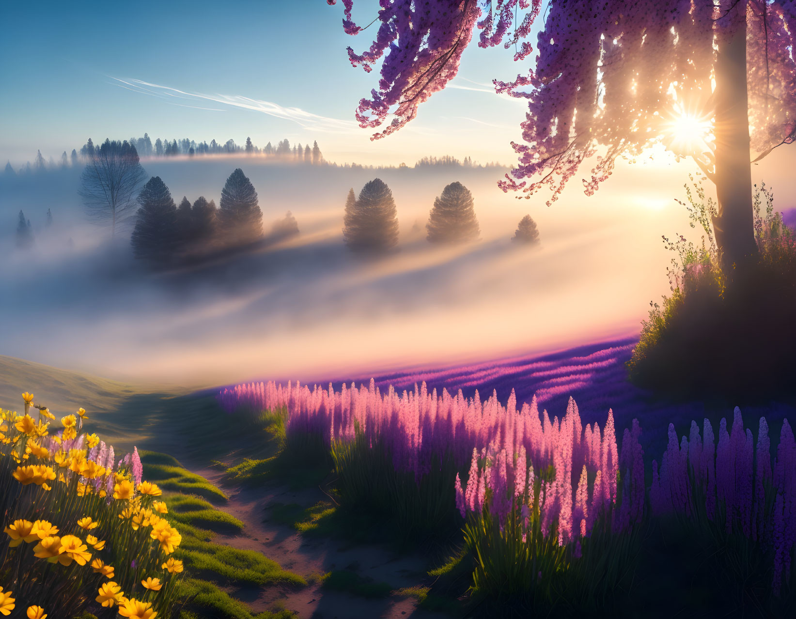 Tranquil sunrise landscape with mist, purple flowers, trees, and sun