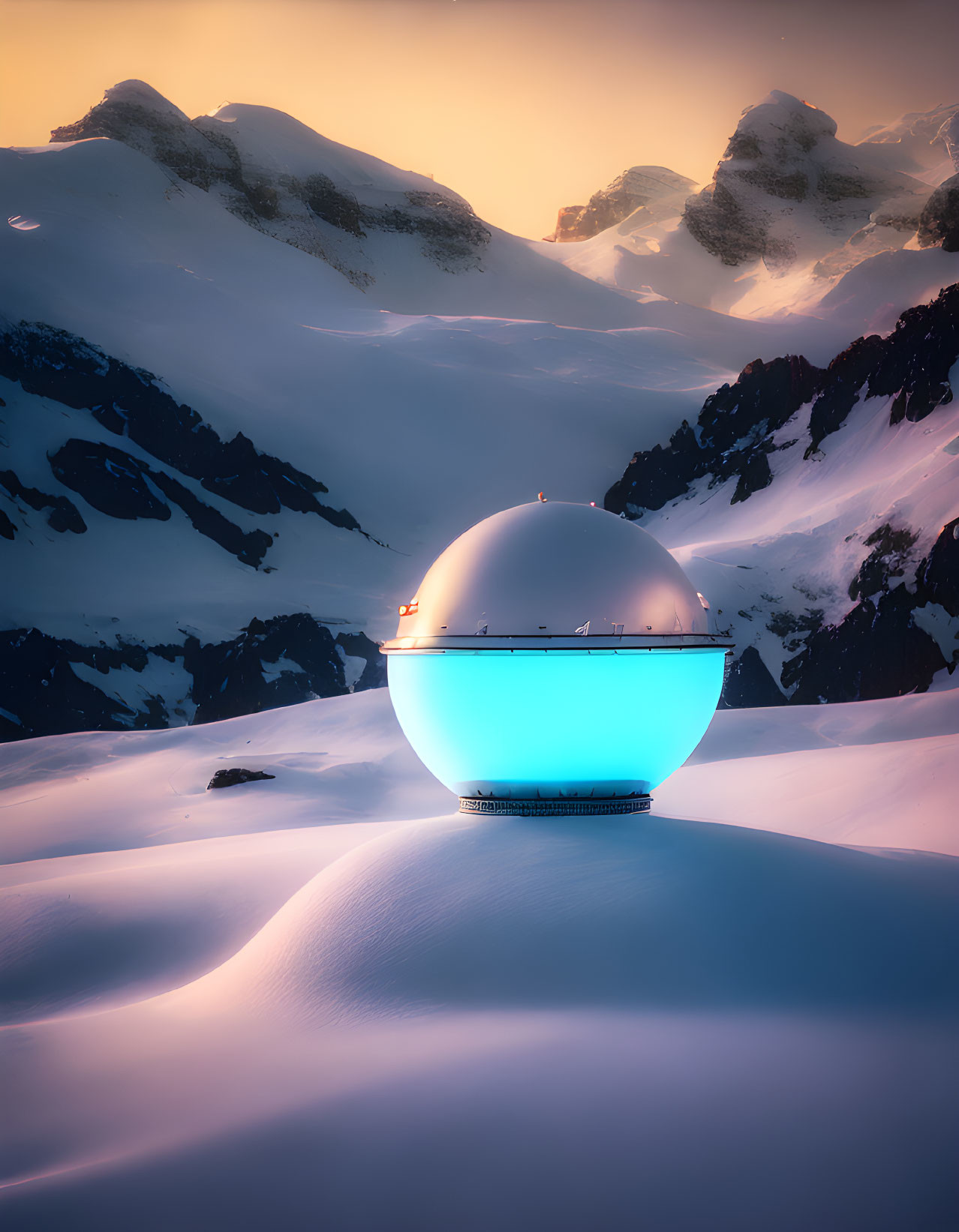 Futuristic Glowing Sphere in Snowy Mountain Sunset