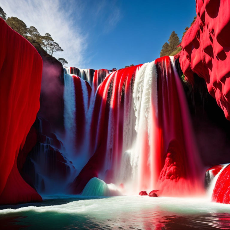 Vividly colored cascading waterfall surrounded by cliffs and green foliage