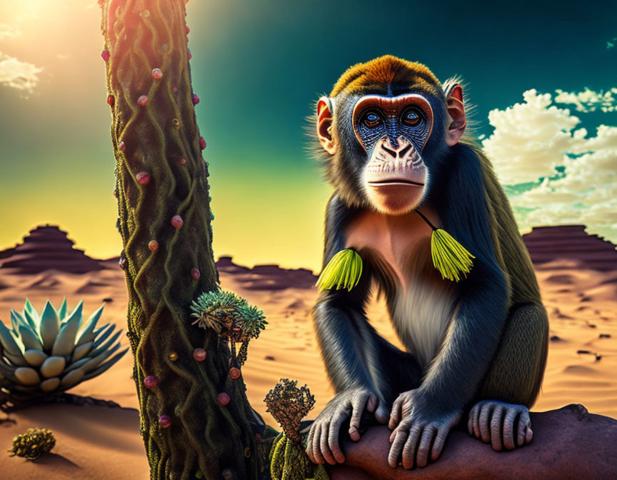 Colorful Monkey with Large Eyes and Ear Tufts on Branch in Desert Landscape