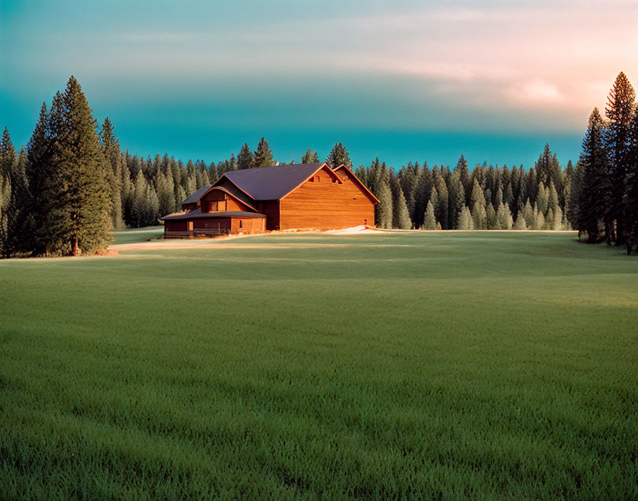 Rustic wooden cabin in lush green field and dense forest at twilight