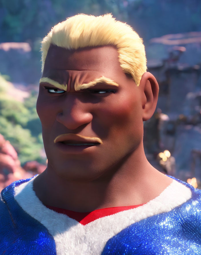 Blonde-haired animated character in blue and red costume with determined expression