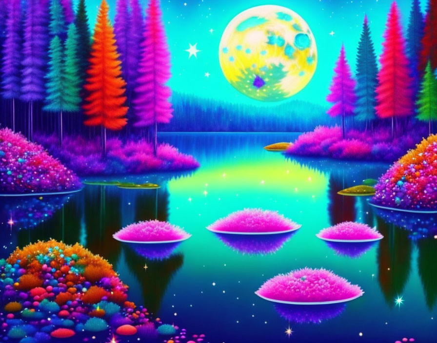 Colorful Fantasy Landscape with Moon, Neon Trees, Lake, and Pink Lily Pads