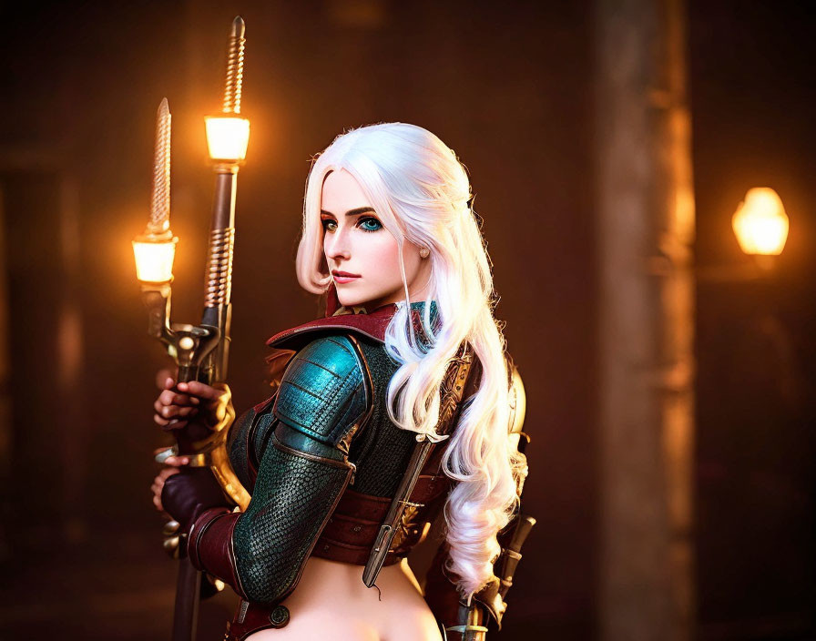 White-haired cosplayer as fantasy warrior with blue highlights, holding spear and torches.