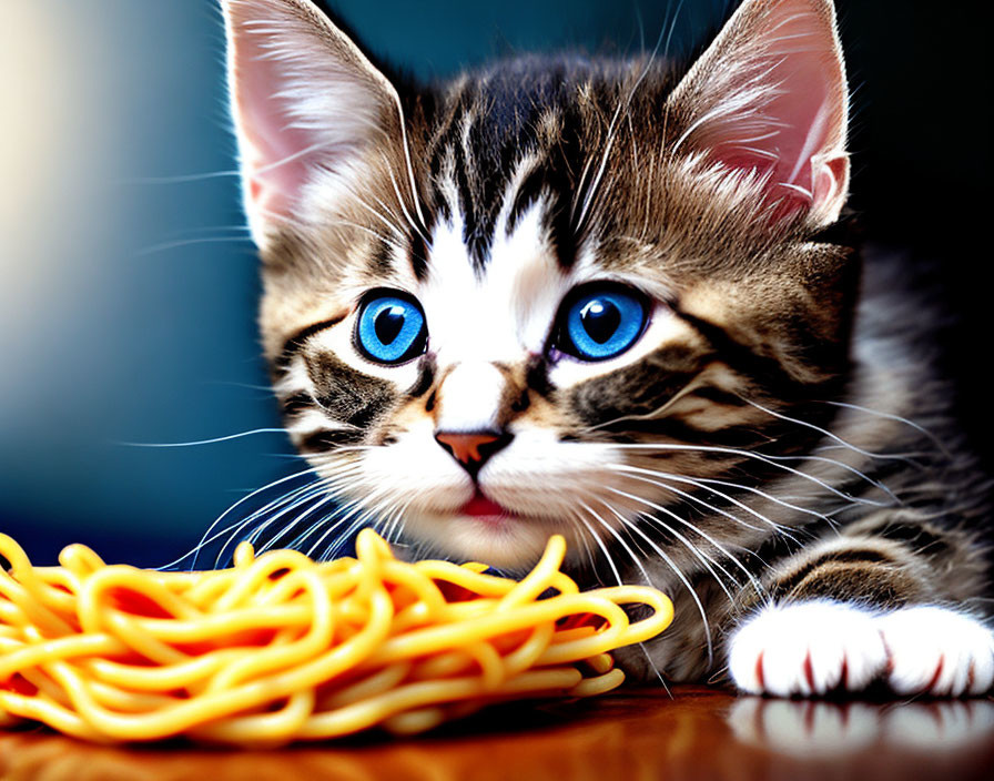 Tabby Kitten with Blue Eyes Beside Yellow Wires on Desk