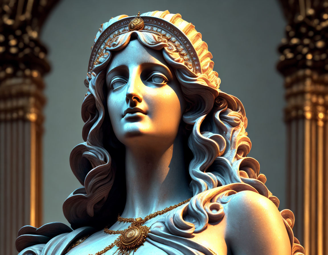 Classical statue of woman with elaborate hair and headband against column backdrop