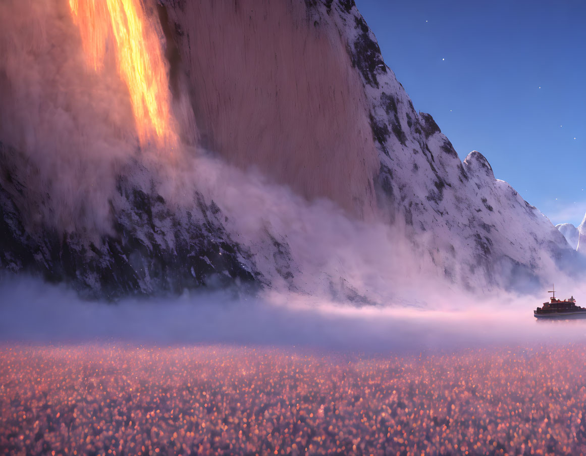 Majestic cliff with fiery waterfall at night beside glowing field