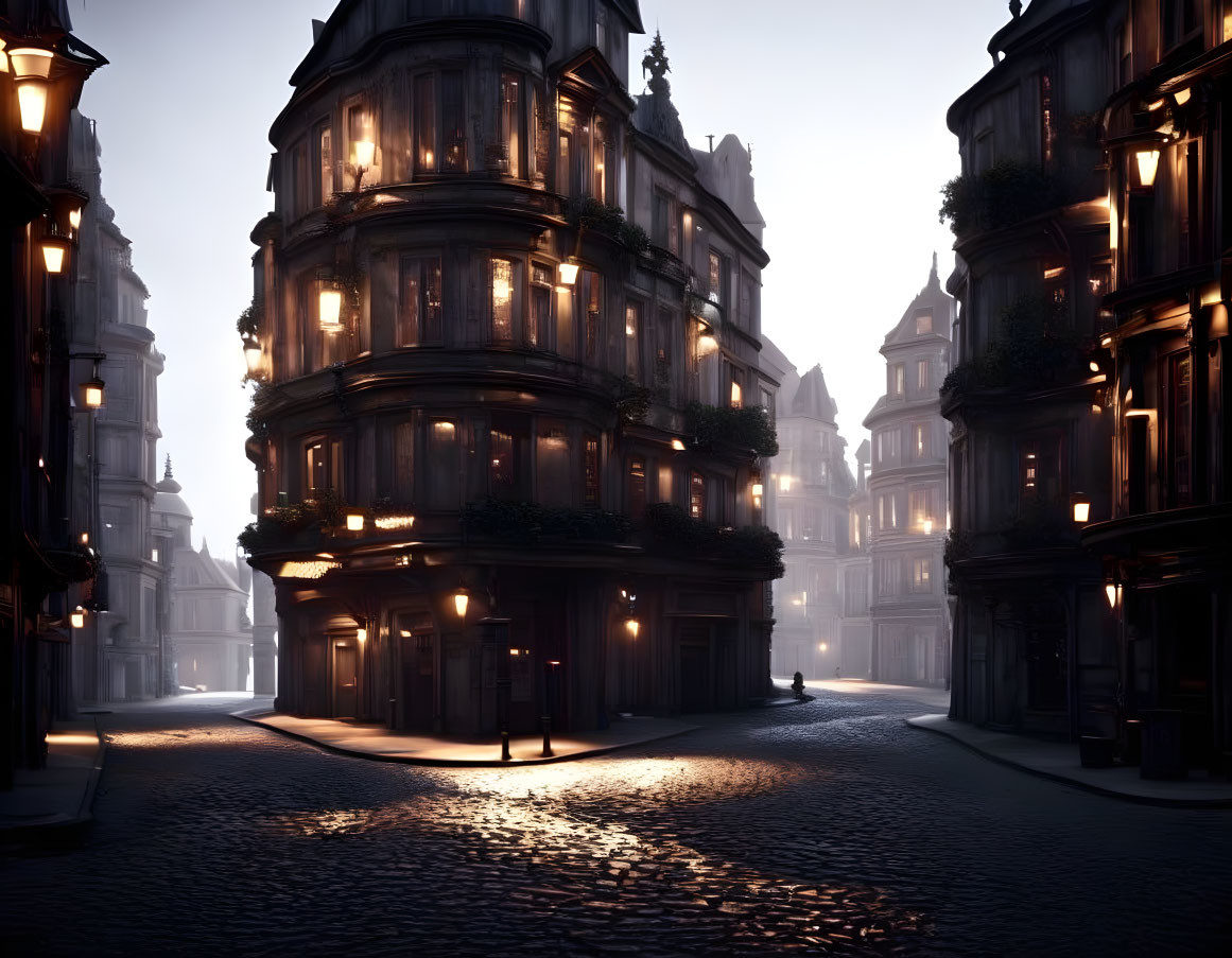 Historic buildings on dimly lit street corner at dusk