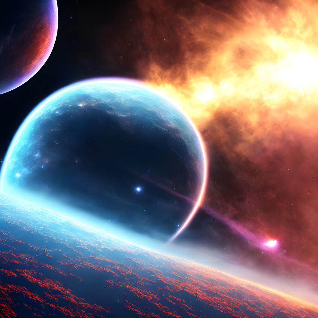 Vibrant cosmic scene with large blue planet, smaller planet, and bright star