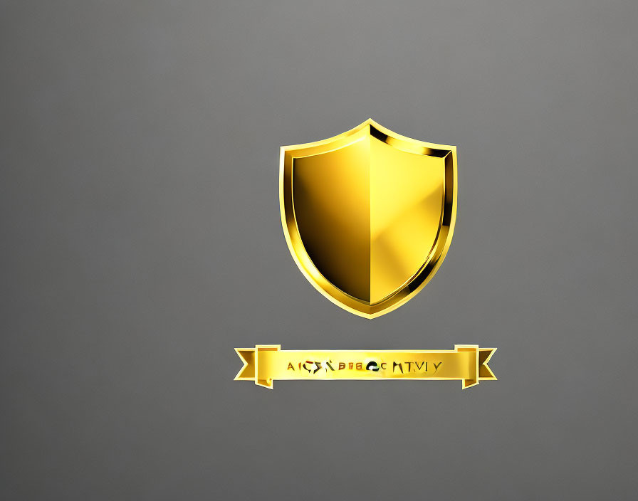 Golden Shield Emblem Design with Shiny Finish and Embossed Lettering on Grey Background