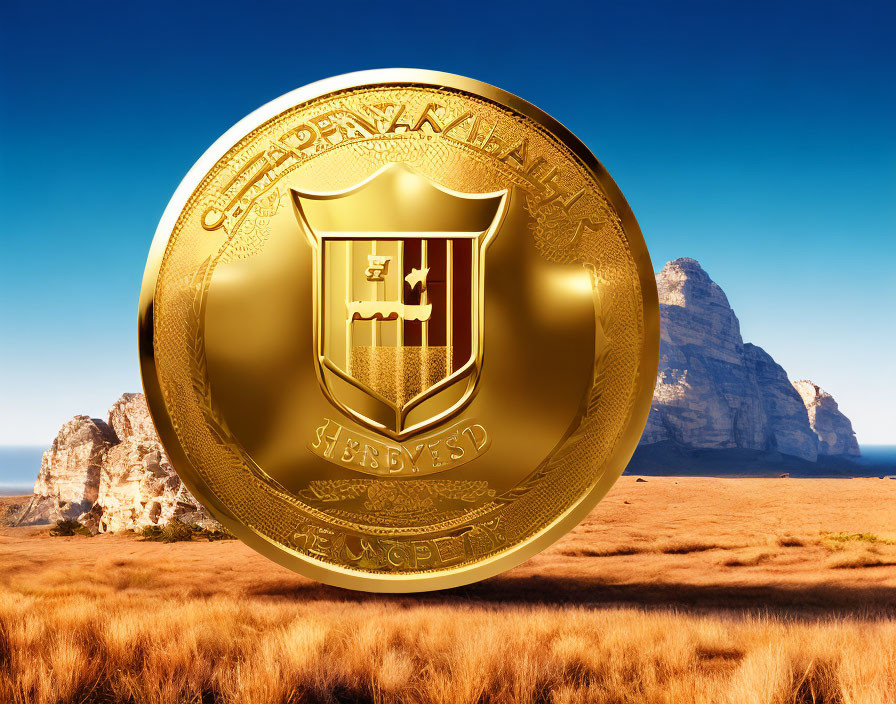 Gold Coin with Crest Emblem in Savanna Landscape and Rock Formations