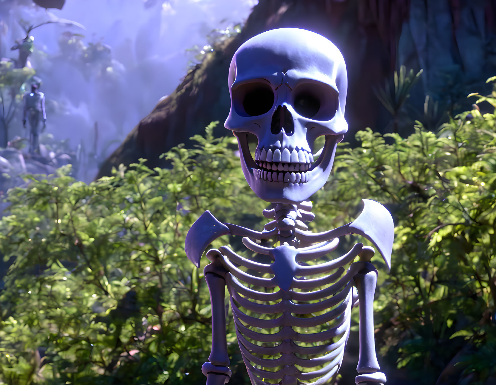 Smiling human skeleton in forest with fog - 3D illustration
