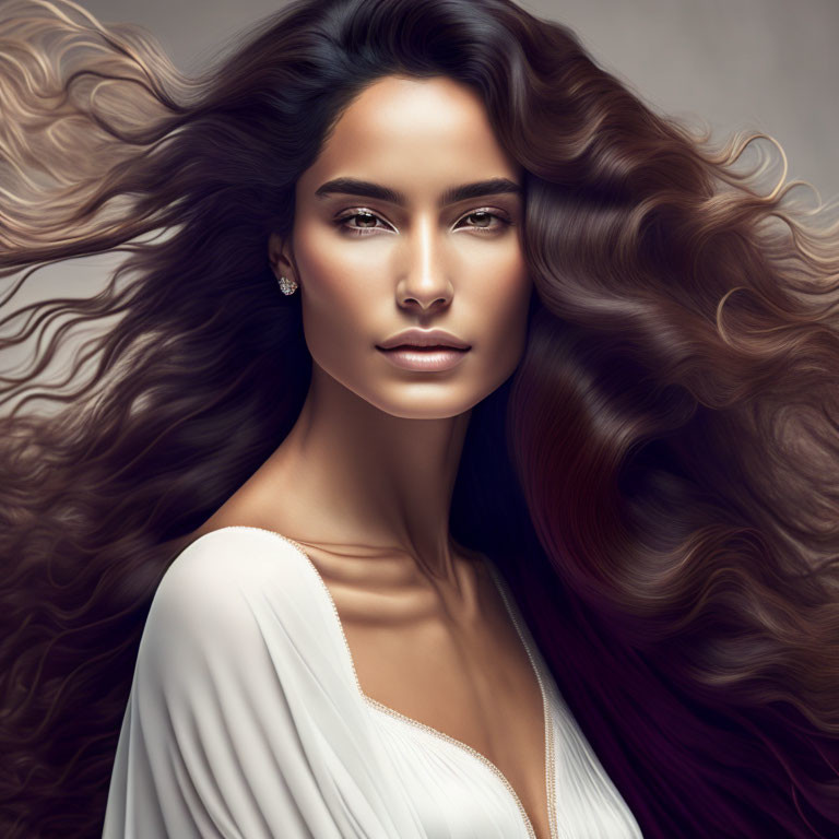 Portrait of Woman with Flowing Hair and Intense Gaze in White Top