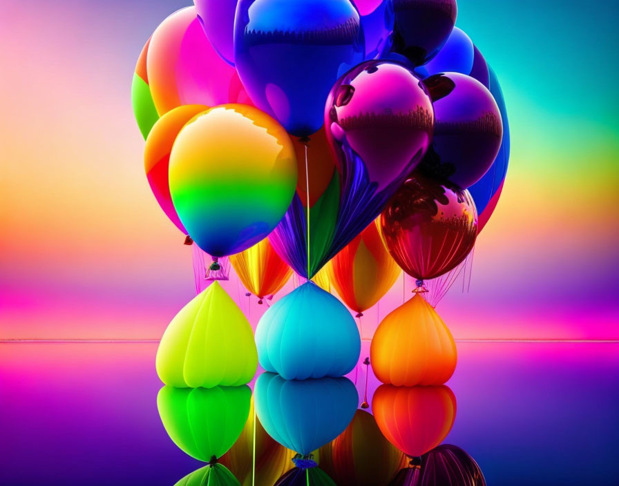 Vibrant balloons on glossy surface with gradient background