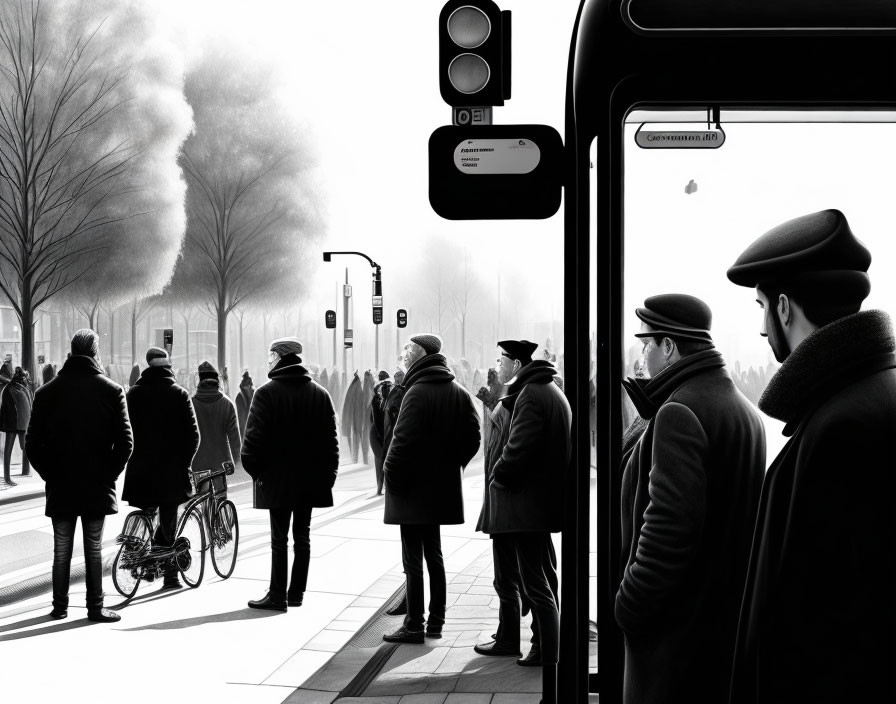 Monochrome photo of people at crosswalk on foggy day, bus view, featuring bicyclist and