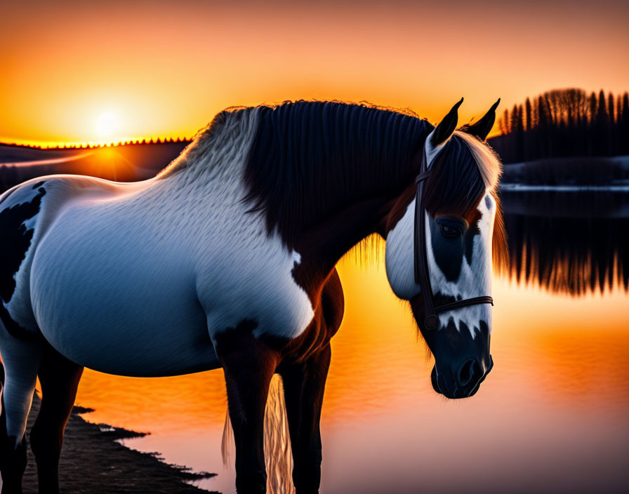 Piebald horse by lake at sunset with vibrant colors