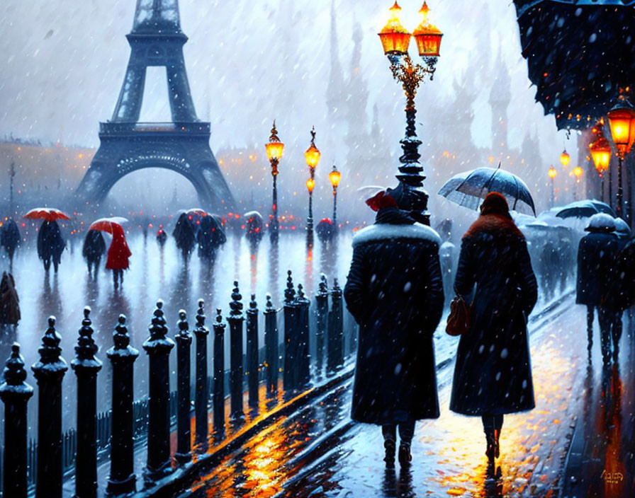 Snowy Evening Scene: People with Umbrellas near Eiffel Tower