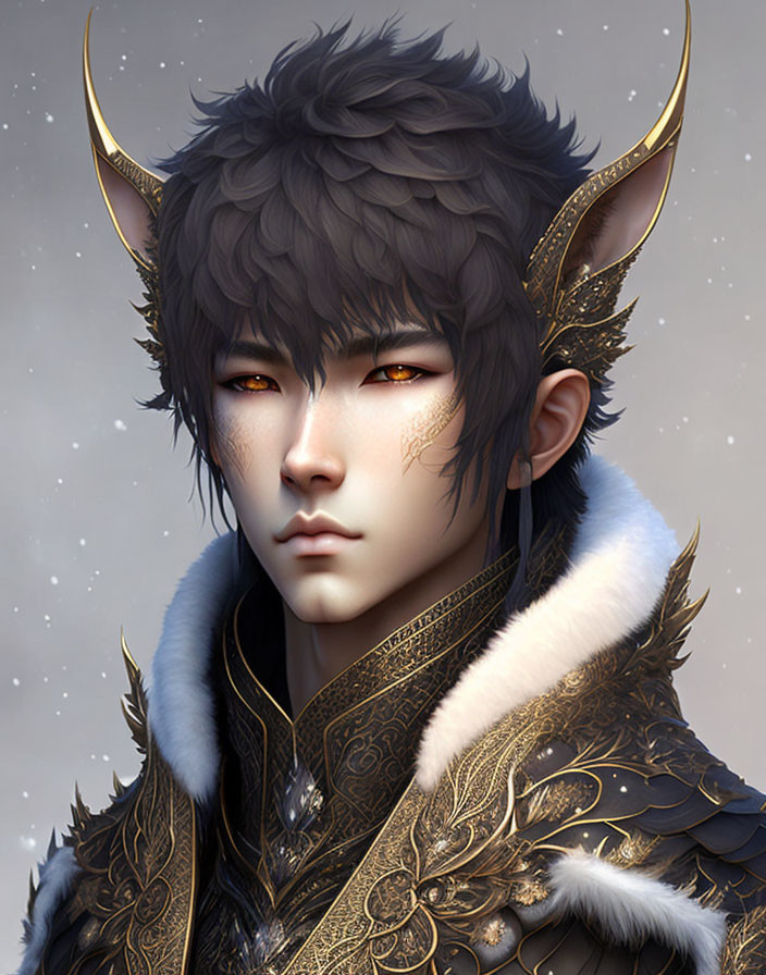 Male fantasy character with horns, golden eyes, and fur collar in snowy setting