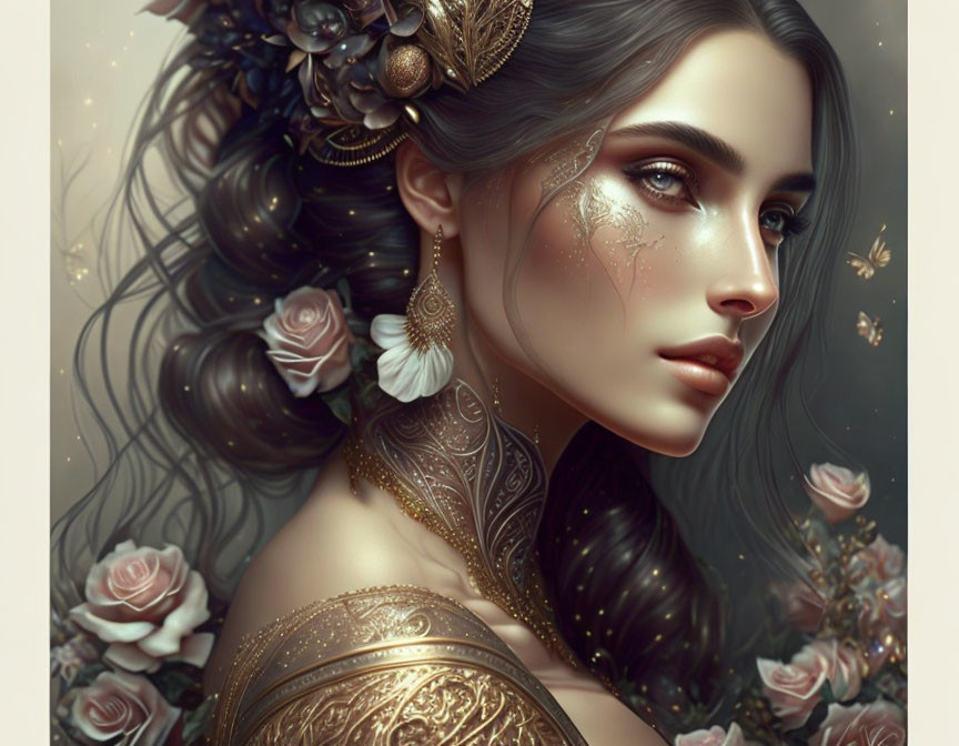 Intricate gold jewelry and floral adornments on woman in digital art portrait