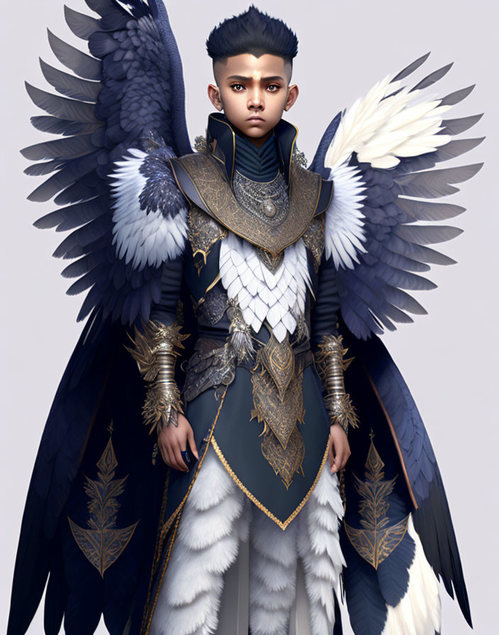 Digital Artwork: Young Regal Figure with Blue and White Wings in Ornate Armor