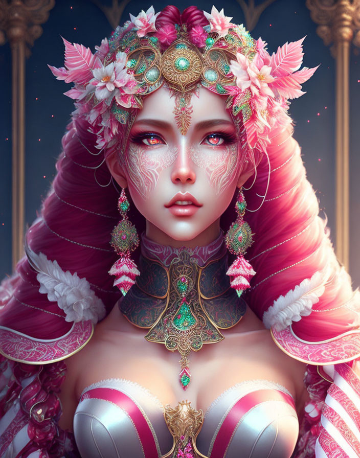 Fantasy woman with pink hair in ornate armor and headdress