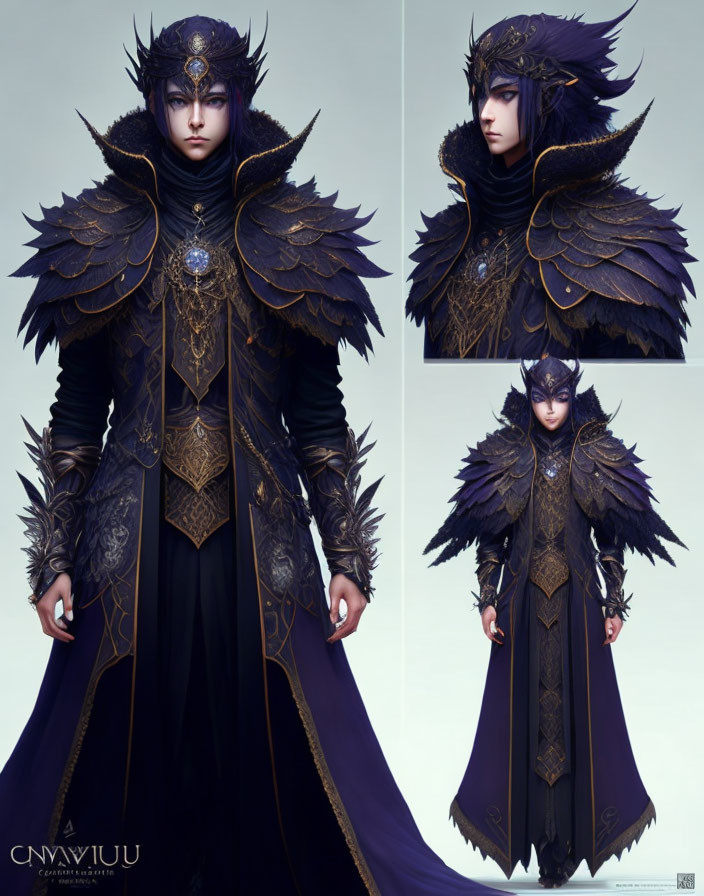 Illustrated character in majestic dark ensemble with feathered shoulder armor and regal crown-like headpiece.